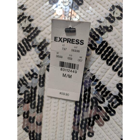 NWT! EXPRESS White Silver Aztec High Waisted Sequin Mini Skirt Bodycon Size M - Picture 2 of 12